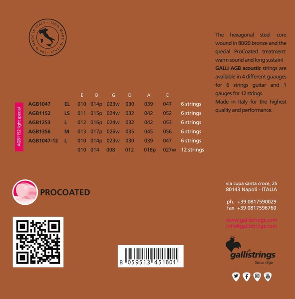 Galli AGB1152 Light special Brass Procoated - struny powlekane do gitary akustycznej